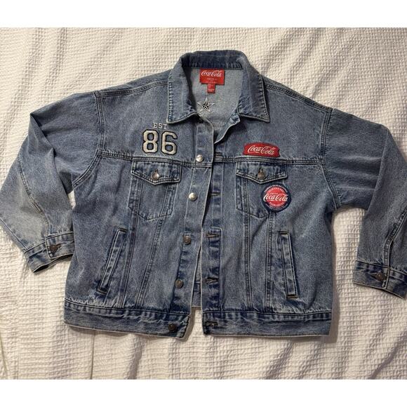 Forever 21 Coca Cola Blue Denim Jean Jacket 0X Patches Vintage-inspired - Picture 2 of 7